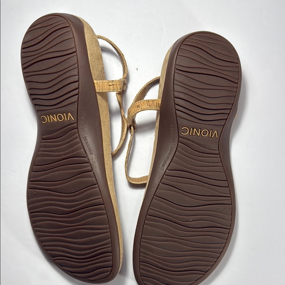 Vionic Tan Gold T-Strap Sandals with Ankle Buckle - Picture 5 of 8